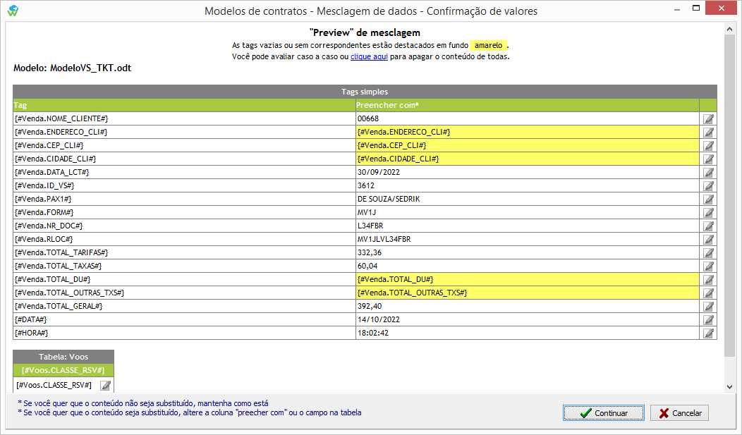 Preview da mesclagem do documento