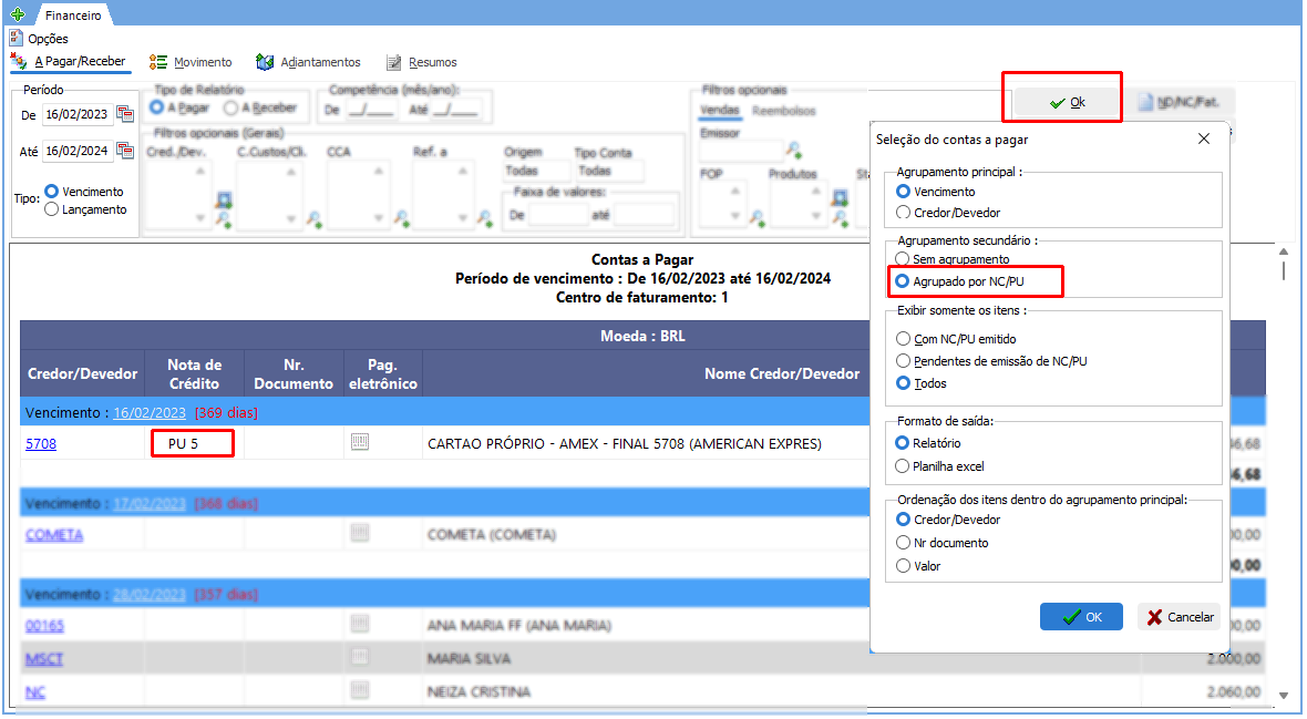 Resultado da pesquisa do PU no financeiro