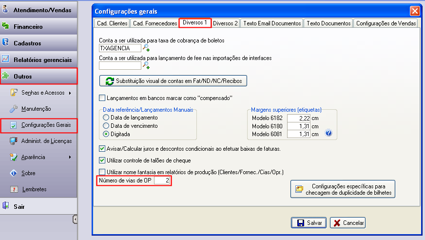 Configurando a quantidade de vias de OP