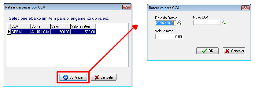 Telas de seleção e de rateio de valores de CCA.