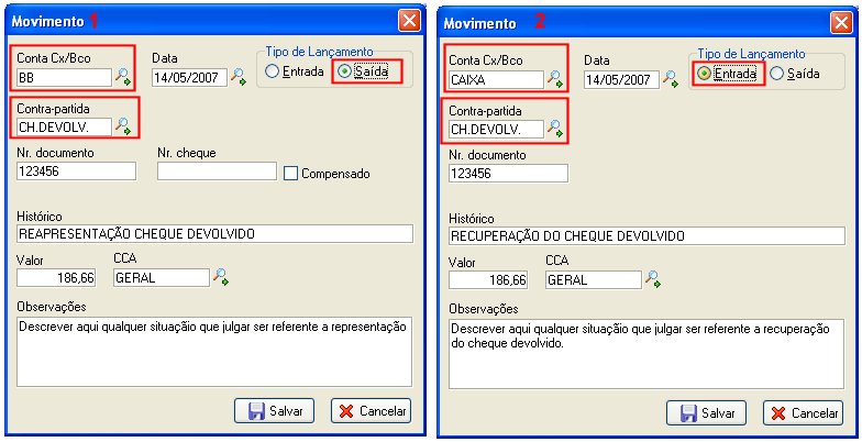 Telas exemplificando lançamentos de reapresentação/resgate de cheque devolvido