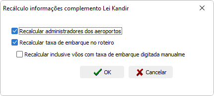 Filtros de opções do recalculo dos aeroportos e taxas de kandir