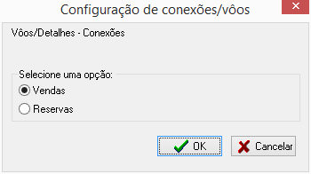 Tela para seleção de de opção para o recálculo de conexões de voos