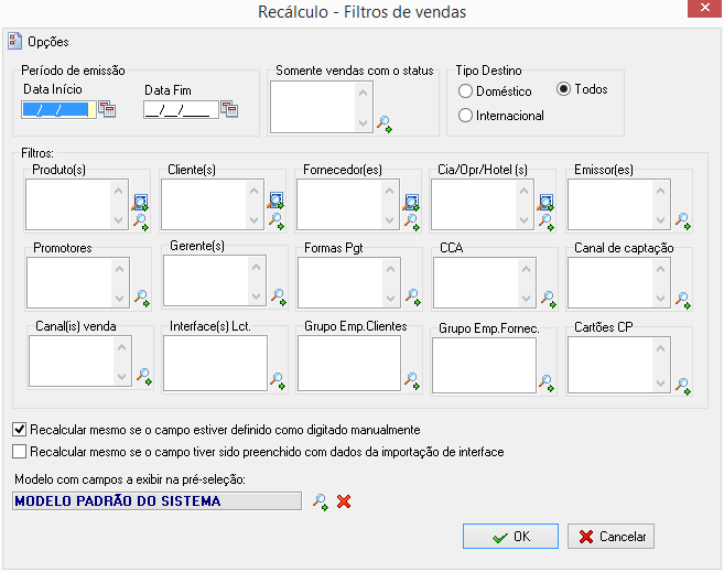 Tela de recálculo - Filtro de vendas