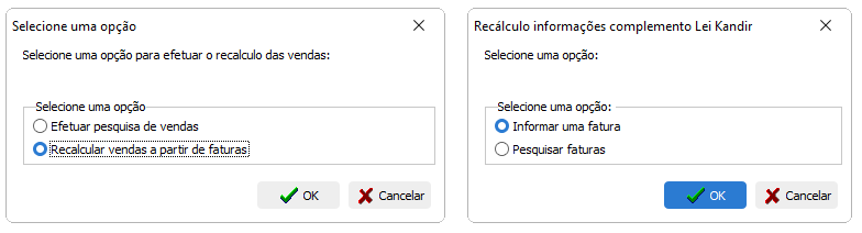 Opções de recalculo de kandir