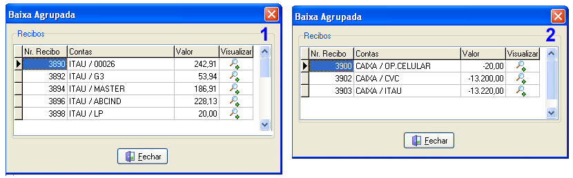 Tela para visualização do recibo de lotes gerados a partir de uma baixa agrupada