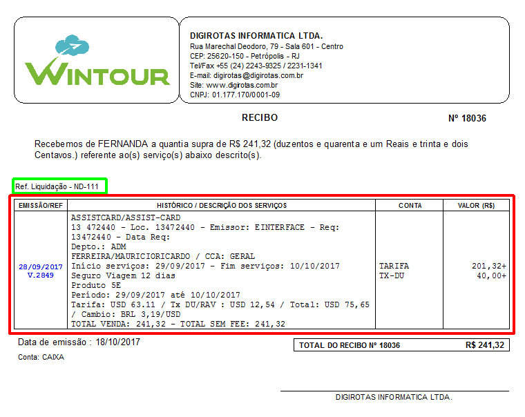 Exemplo do detalhamento do recibo no formato Detalhado