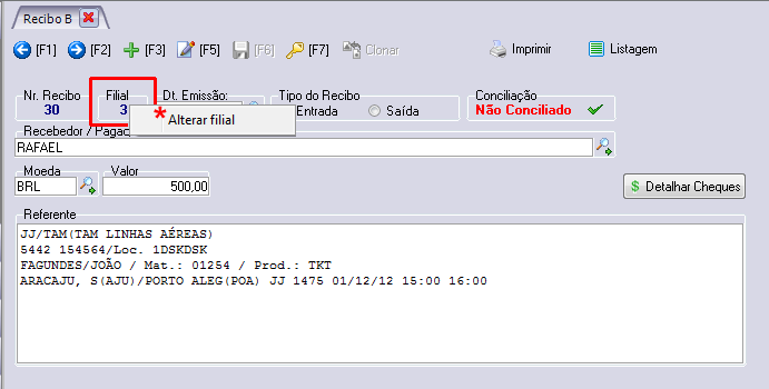 Alteração ocorrido no Recibo Série B