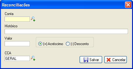Tela de reconciliação de valores