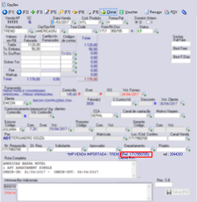 Imagem destacando onde o número de referencia da própria interface é informado na venda.