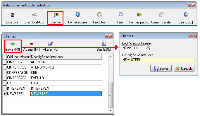 Exemplo de cadastro de relacionamento de clientes de interface com o cadastro de Clientes no Wintour
