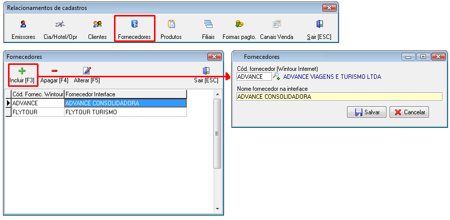 Exemplo de cadastro de relacionamento de fornecedores das interfaces com o cadastro de Fornecedores do Wintour