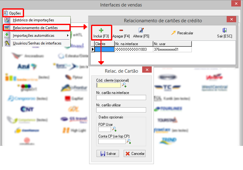 Módulo para cadastrar relacionamento de cartões de clientes para as interfaces