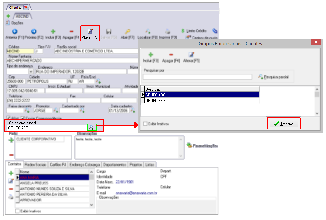 Incluindo o cliente em um grupo empresarial