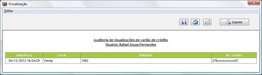 Relatório de auditoria de visualização de cartão de crédito de cliente