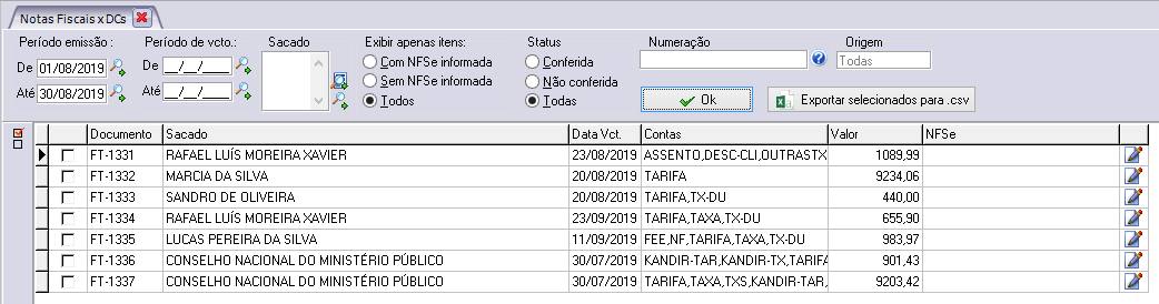 Resultado da pesquisa do relatório de apoio a emissão de NF