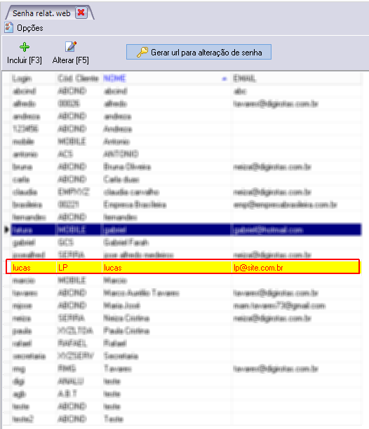 Usuário inativo no cadastro de usuários de clientes para acesso do relatório web