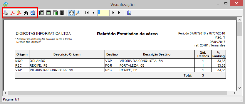 Relatório de estatística de aéreo acessado a partir do botão de impressão.