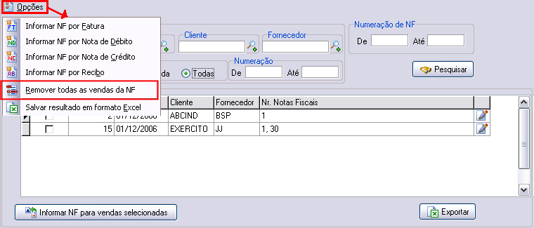 Módulo para remover vendas de nota fiscal