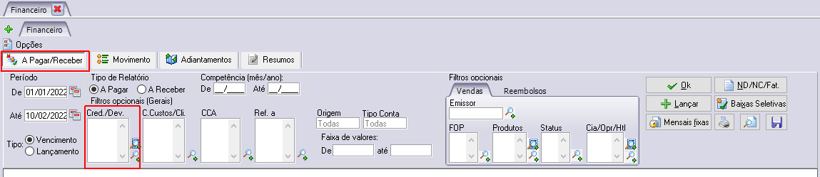 Campo Credor/Devedor nos filtros de pesquisa do contas a pagar/receber