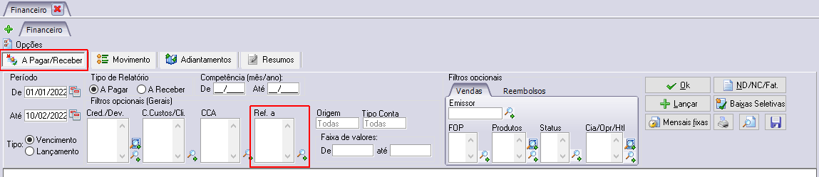 Campo Referente A, nos filtros de pesquisa do contas a pagar/receber