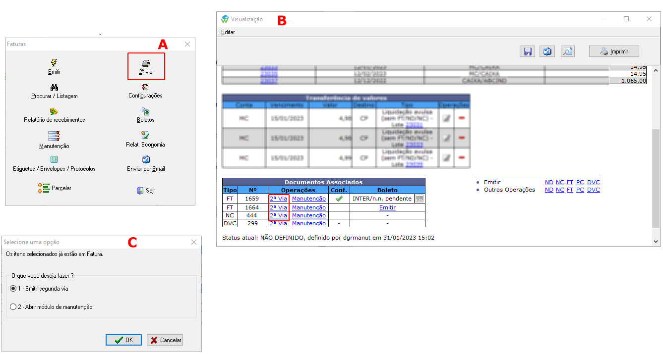 Restrição de visualização dos documentos, Tela do documento (A), Resumo da venda (B), e Financeiro (C)