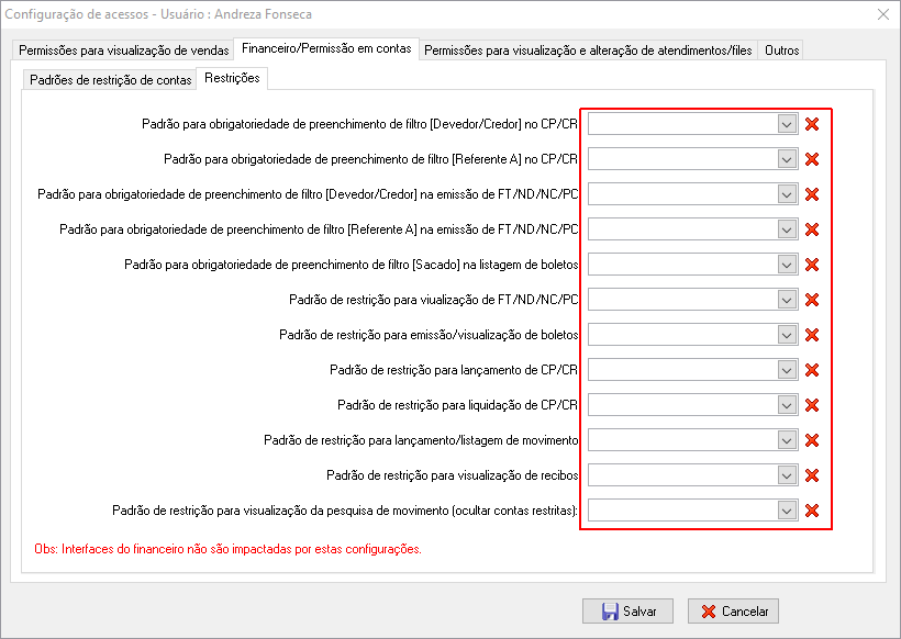 Configuração de padrões de restrições do usuário ao preenchimento dos filtros de conta