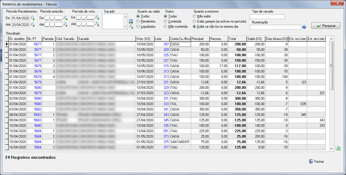 Resultado da pesquisa de recebimentos