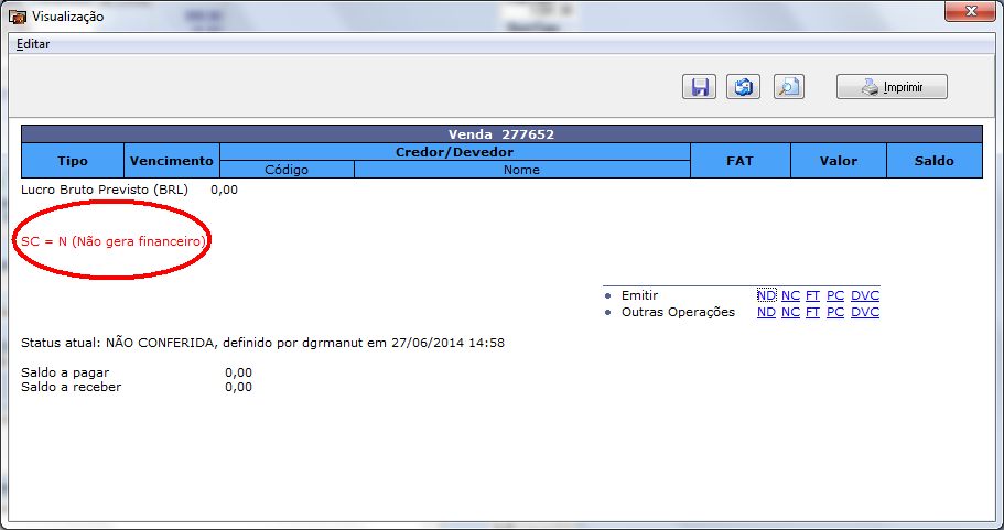 Resumo da venda situação contábil = N