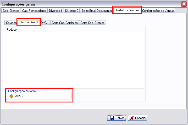Configurando rodapé de recibo B