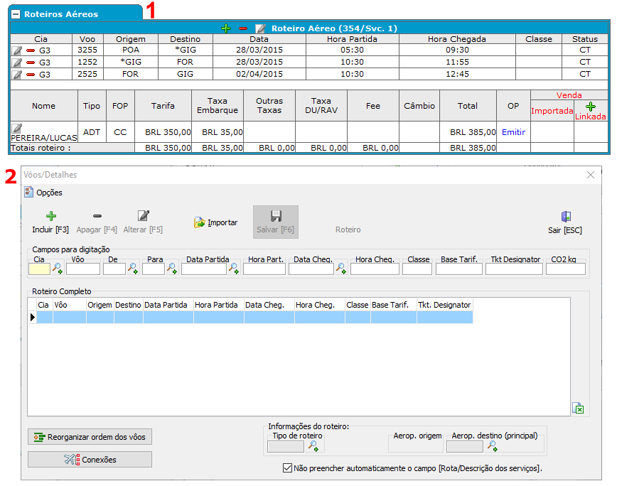Máscara do roteiro aéreo em Reservas (1) e vendas (2)