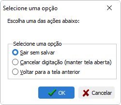 Tela exibida após sair da venda sem salvar