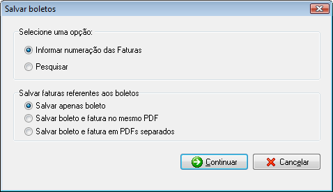 Tela de seleção de opções para salvar boletos por e-mail.