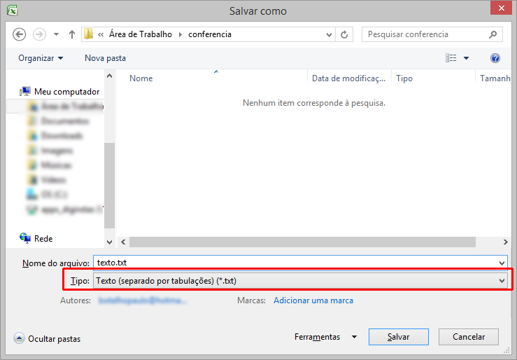 Exemplo de salvar no formato txt (separado por tabulações) (*.txt) utilizando Microsoft Excel 2007