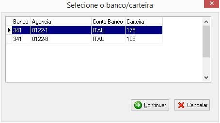 Seleção banco/carteira para emitir boleto.