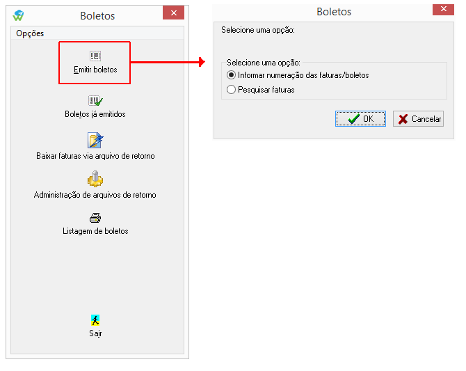 Seleção de faturas para Emitir boletos.