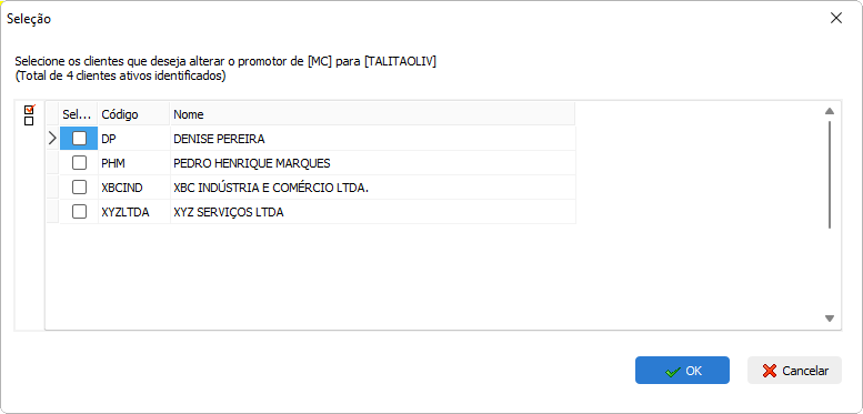 Sele&ccedil;&atilde;o de clientes para alterar o promotor