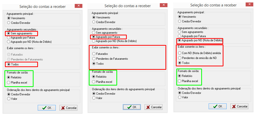 Tela exibindo opções de listagem de contas a receber