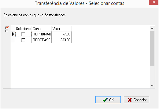 Tela de seleção de contas