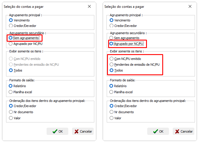 Tela exibindo opções de listagem de contas a pagar