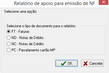 Tela de seleção do tipo de documento para exibir o relatório