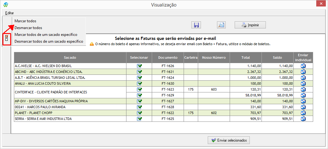 Tela de seleção de faturas para enviar boleto por e-mail