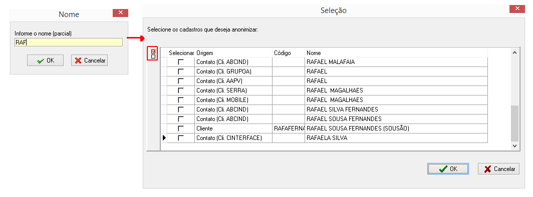 Exemplo do resultado da pesquisa após do nome parcial RAF