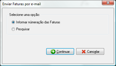 Tela de seleção de opções para enviar fatura por e-mail