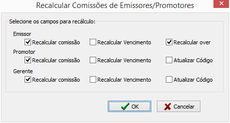 Tela para seleção de campo de comissionamento de campo de emissores