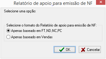 Opções para exibir o relatório de apoio a NF