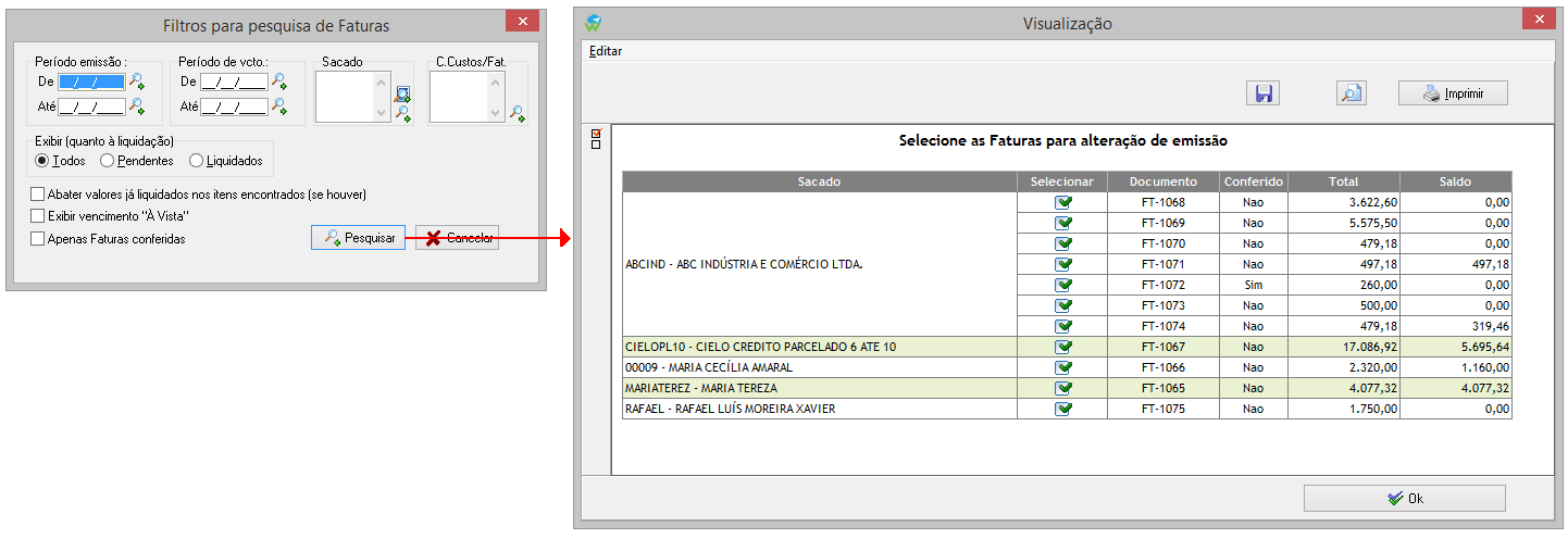 Opções para informar os documentos que serão alterados em lote