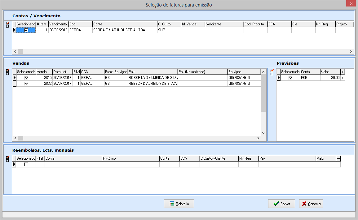 Seleção de faturas a emitir