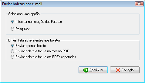 Tela de seleção de opções para enviar fatura por e-mail