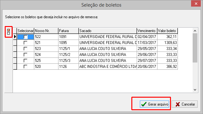 Opções disponíveis para localizar boletos para gerar o arquivo de remessa.